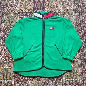 VTG 90s‎ Tommy Hilfiger big flag patch collar logo green zip fleece jacket L